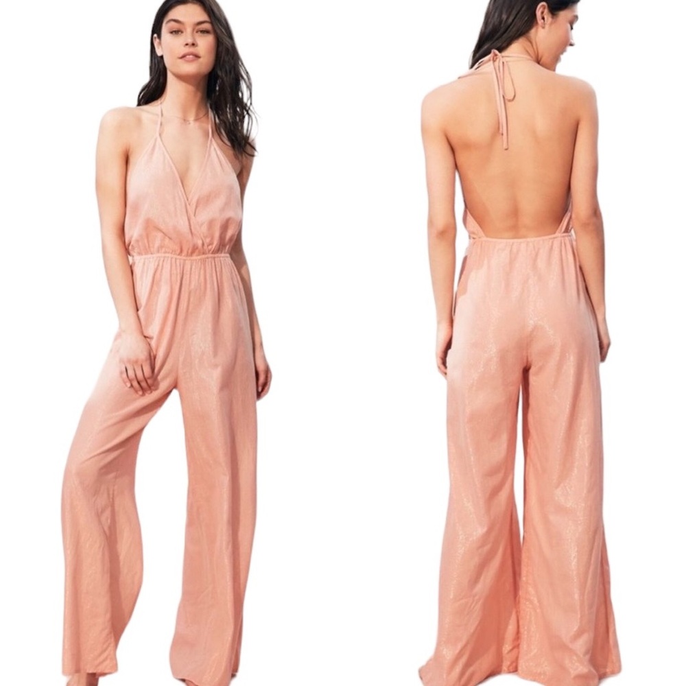 Urban Outfitters Winona Peach Metallic Gold Striped Halter Wide Leg Jumpsuit - L